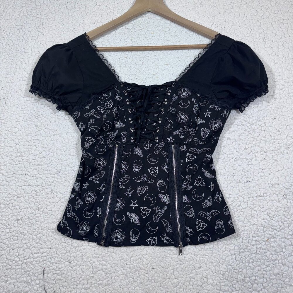 Hot Topic Womens Magic Symbols Witchy Zipper Lace Up Corset Top size Small Goth